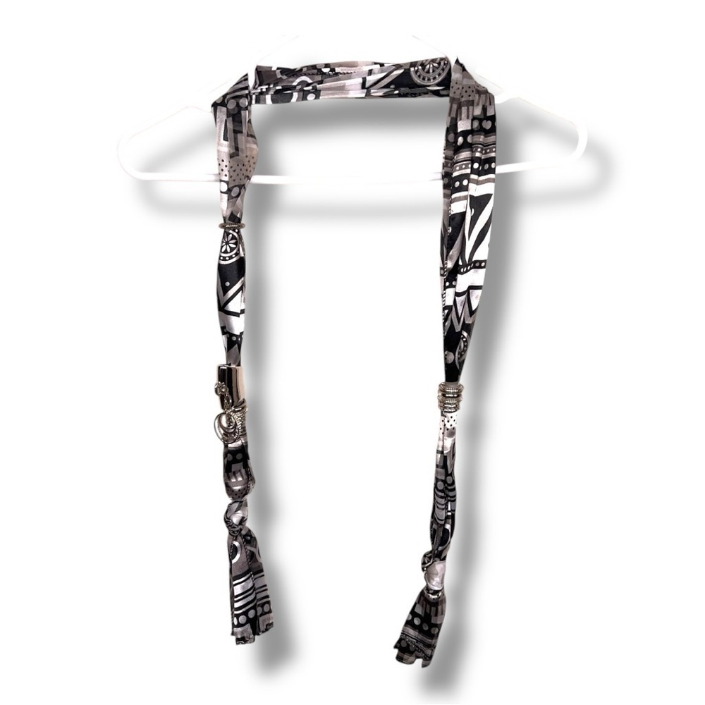 Beaded Silver Scarf Black White Grey Geometric Print Glam Jewelry Style